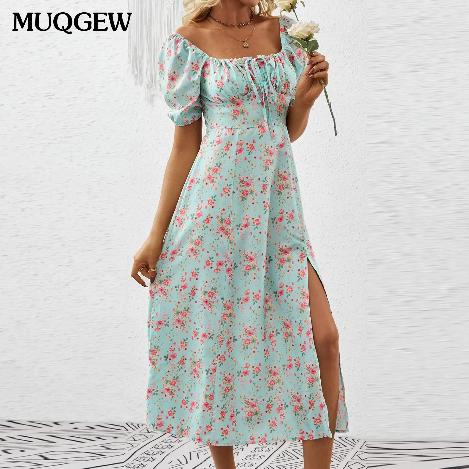 Floral Summer Dress Tie Up Split Zip Dress Beach Women Vestidos Puff Sleeve Floral Print Party Club Elegant Long Dresses