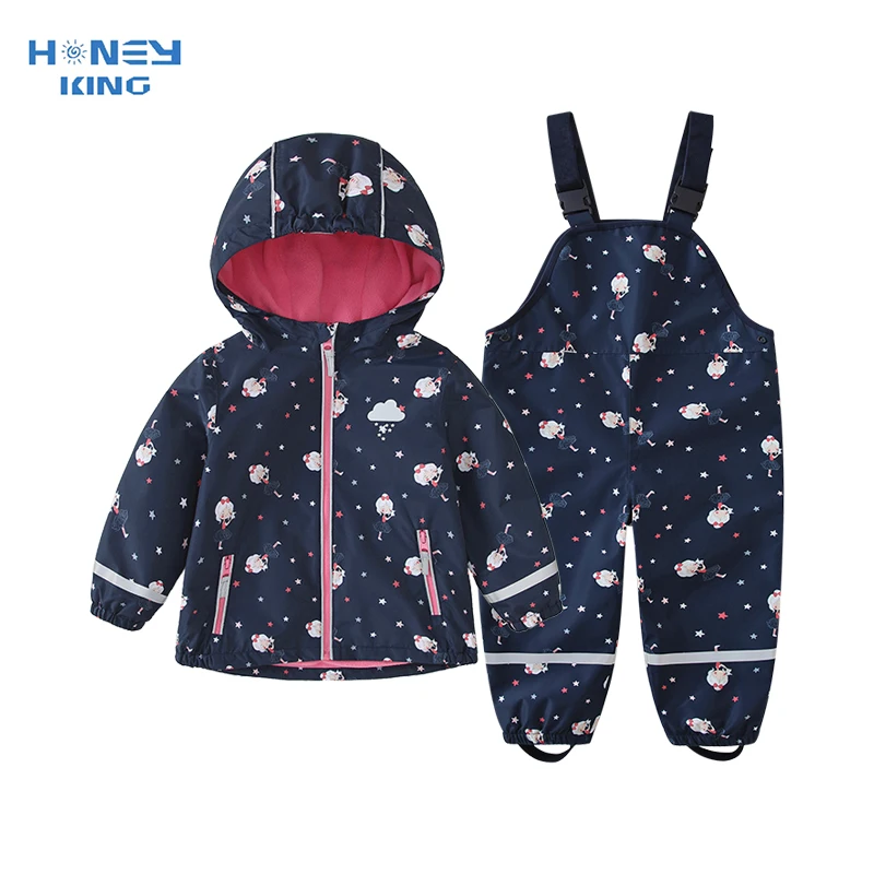 HONEYKING Children\'s Clothing Sets Raincoat Suit Baby Waterproof Overalls Pants Girls Jumpsuit For Kids Jacket And Trousers Set