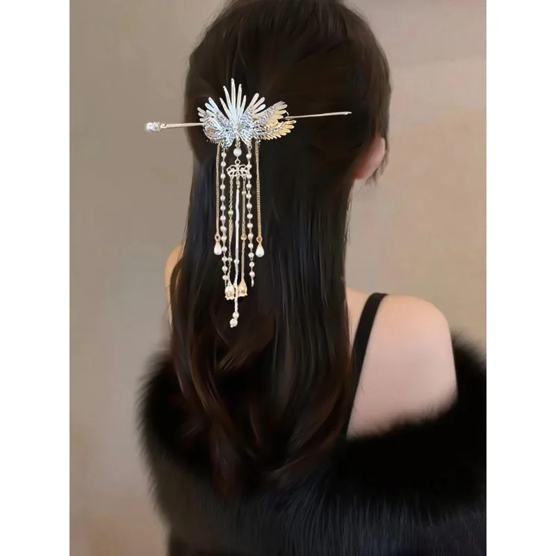 

Эфирная заколка для волос с кисточками и крыльями феи для женщин, прическа на затылке, палочка для волос в китайском стиле, аксессуар для волос Qipao, элегантный небесный цвет