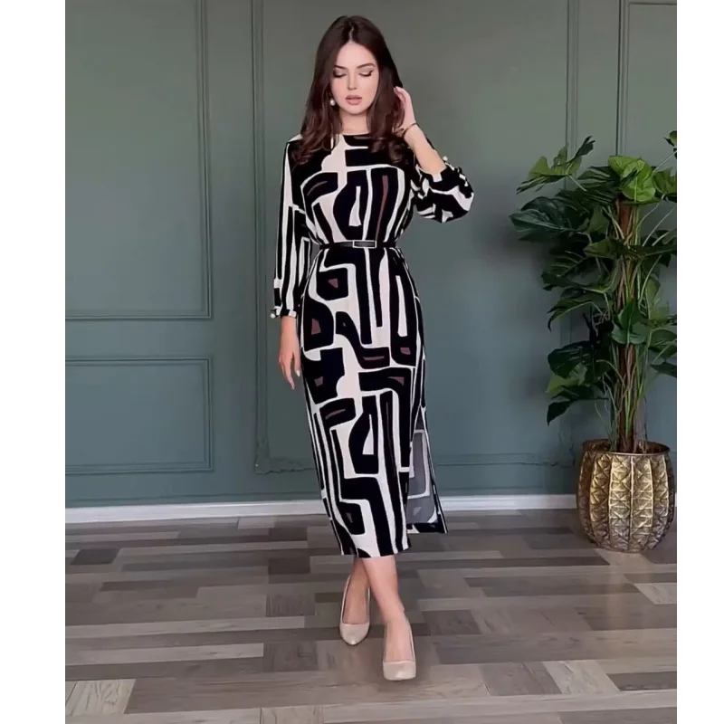 

Fashion high sense geometric diagram elegant temperament dress simple versatile vacation style high-end dress