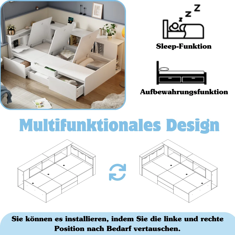 Platzsparende weiße Babymöbel – multifunktionales Kinderbett mit Schubladen, Einzelbett, Bücherregal, Aufbewahrung, Bettkasten (keine Matratze) – Detail 5