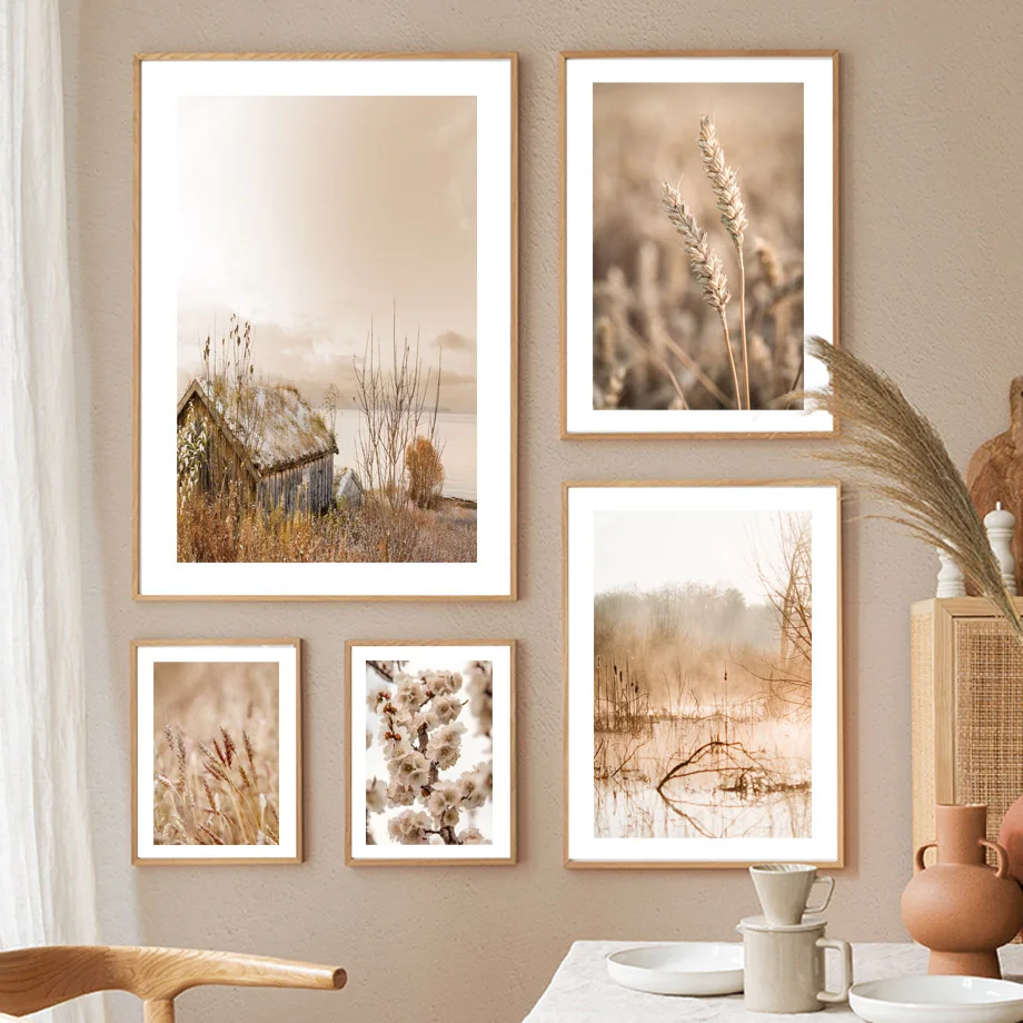 Autumn Natural Poster Sunset Tree House Grass Reed Wheat Canvas Painting Wall Art Mural Print Pictures Living Room Home Decor