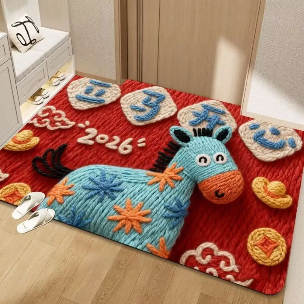 

Новогодний придверный коврик с милым узором лошади, красный, праздничный, нескользящий, влаговпитывающий, мягкий, для декора дома