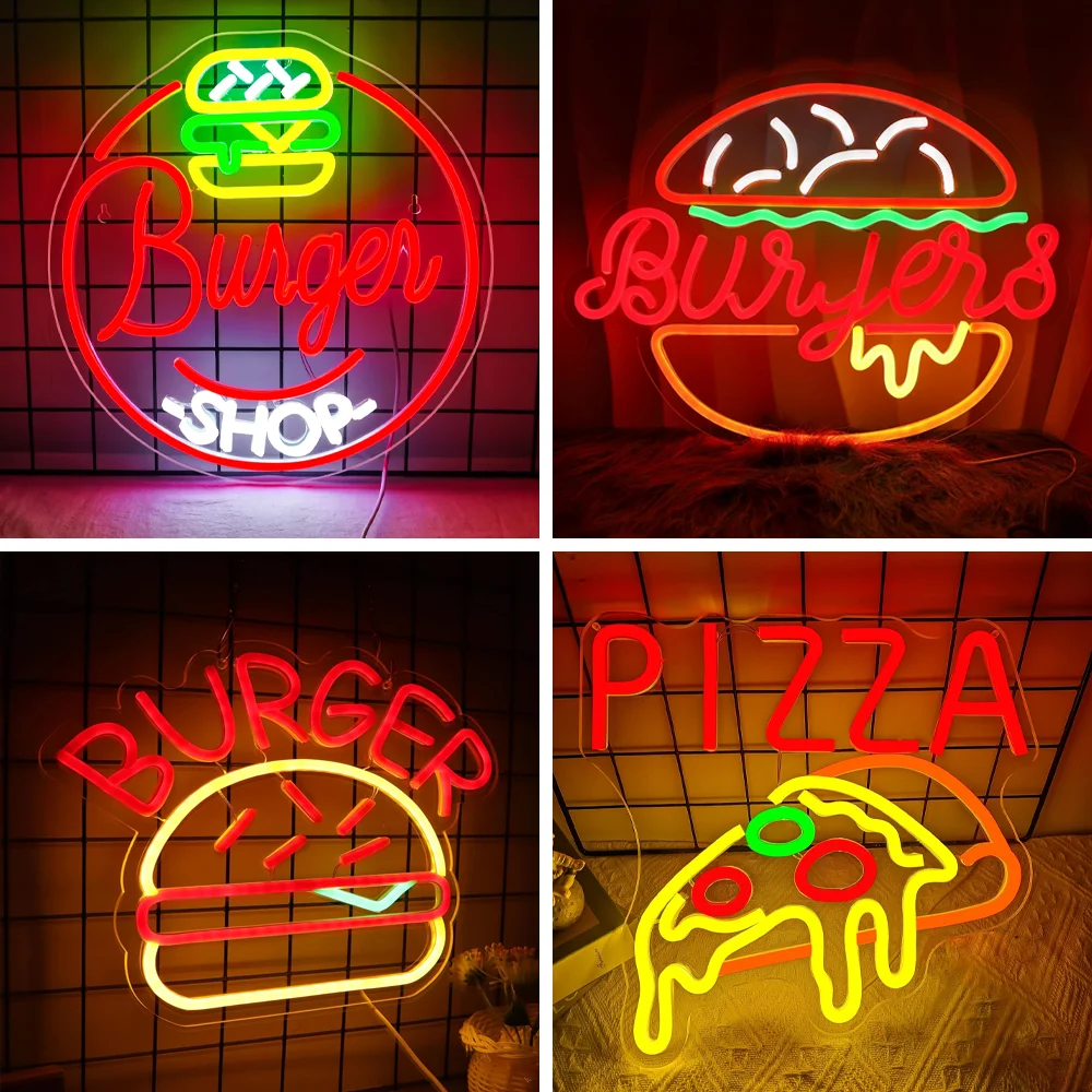 Burger Shop Neon Sign LED Light Dimmable USB Powered Hamburger Neon Sign Kitchen Wall Decor for Restaurant Man Cave Party Neon