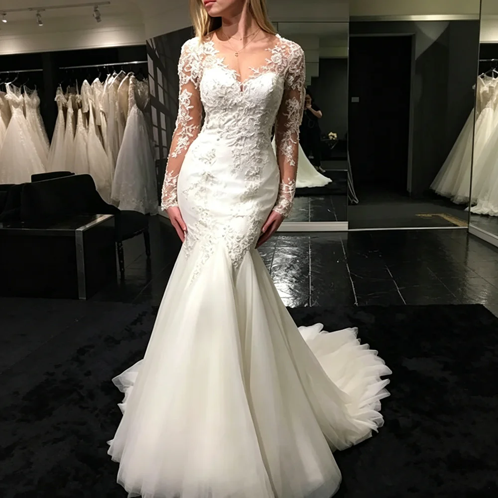Long Sleeve Mermaid Wedding Dresses Sheer V Neck Lace Appliques Illusion Back Bridal Gown Sweep Train Tulle Vestido De Novia
