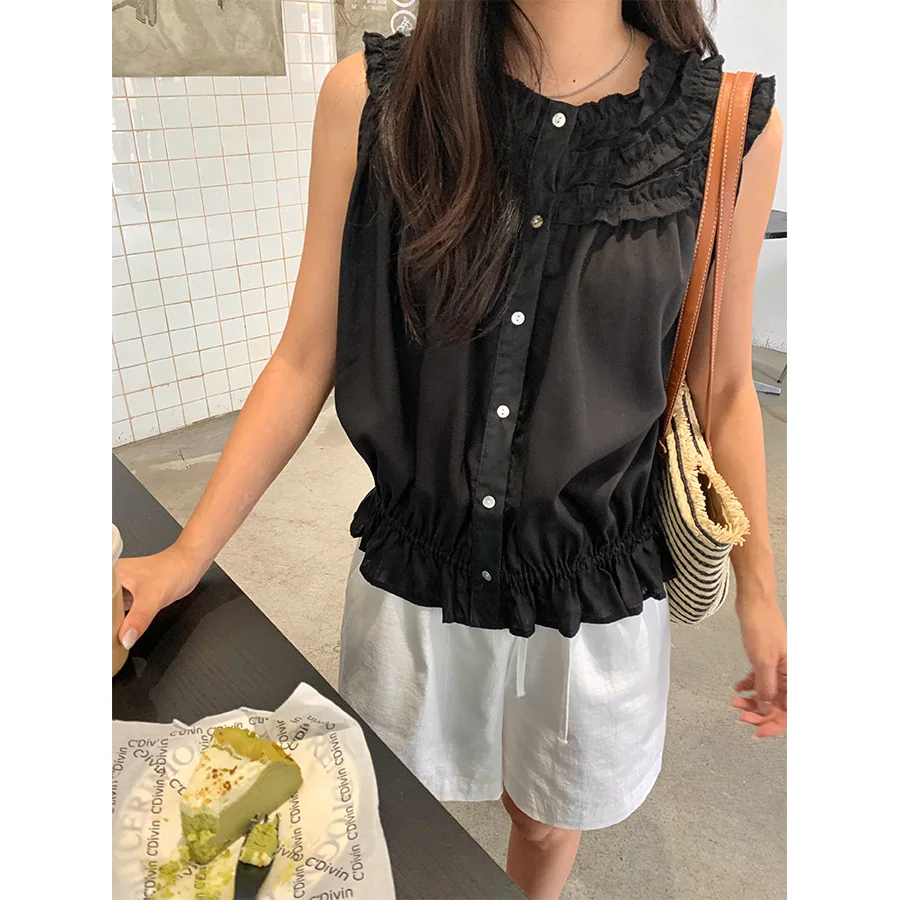 Chemise Slim plissée à col rond, nouveau Style, petit parfum, bord d'oreille en bois, sans manches, 2025