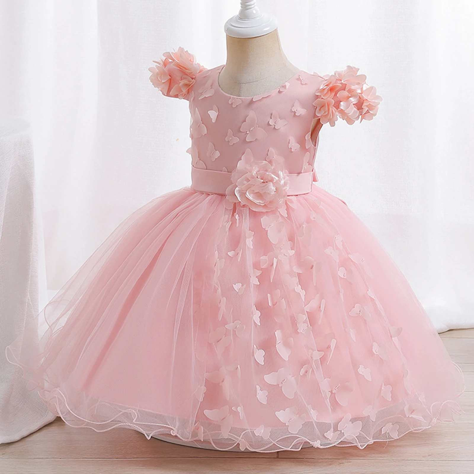 Kids Wedding Flower Girls Dress Short Sleeve Elegant Butterfly Tulle Princess Dresses Birthday Party Evening Banquet Prom Gown