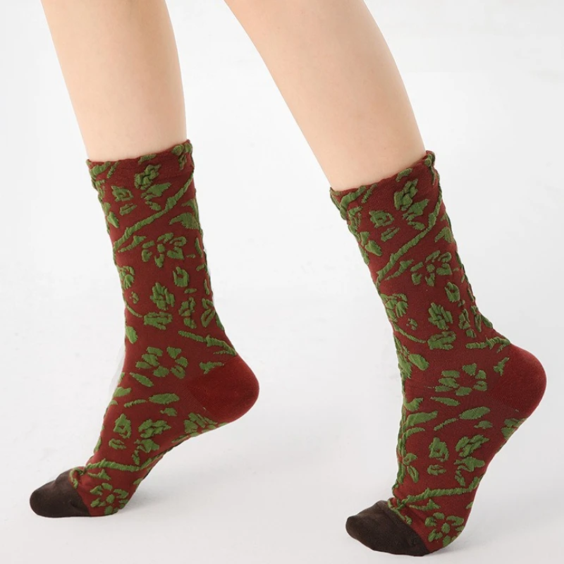 3 Pairs/Set Cute Lolita Kawaii Middle Tube Sock Womens Fashion Socks 3D Floral Embroidery Vintage Creative Spring Summer Socks