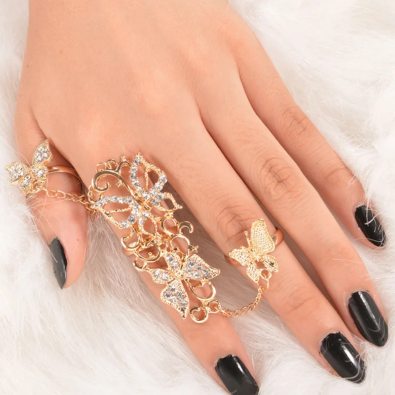 300pcs/lot Hot sale personalized exquisite butterfly hollow flower vine rhinestone adjustable connecting finger ring