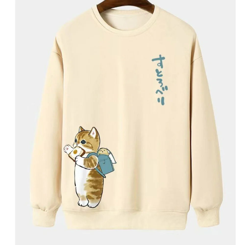 Animal Cat Print Men Sweatshirt Harajuku Cute Loose Long-sleeved Tops Fashion Simple Hoodies Oversized Men Women Unisex Clothing
