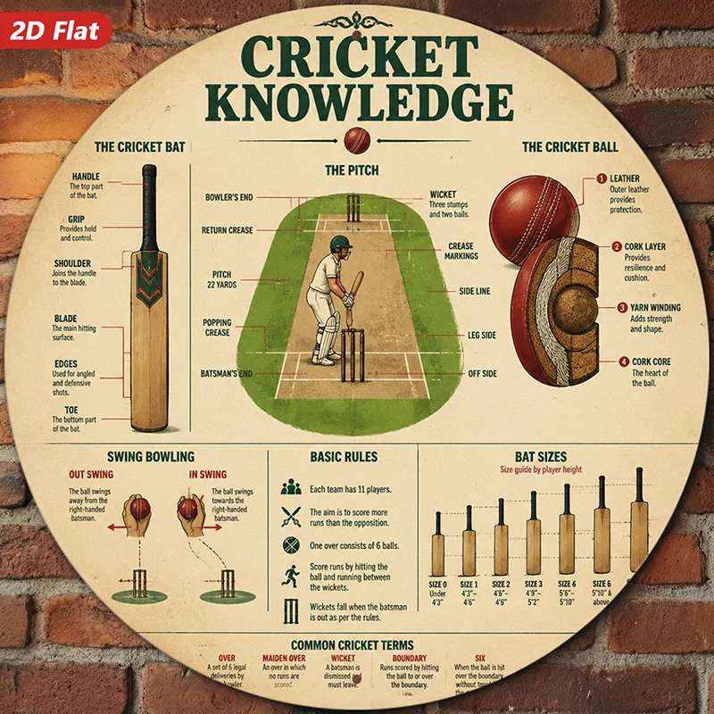 2D Flat, 1pc Cricket Knowledge Round Metal Sign Wall Art, Cricket Bat Diagram, Home Decor, Pitch Markings, Batting Basics
