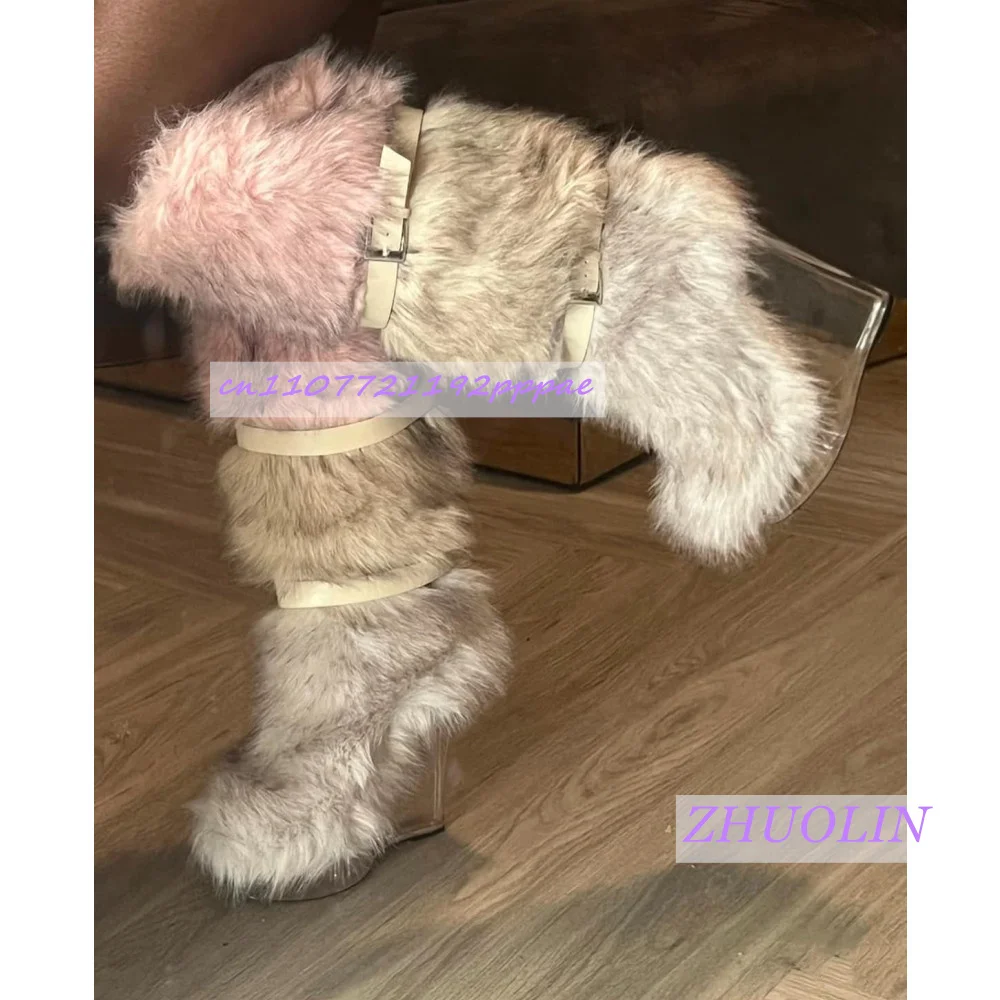 Winter Gradient Furry Transparent Wedge Boots Women'S Sweet Belt Buckle Snow Boots Fashion Trend Punk Runway Knee-High Boots 43 - view 3