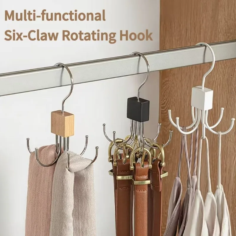 1-6pcs 360° Rotating Storage Hanger Hook Six-Claw Bag Metal Belts Rack Wooden Organizer for Bras Ties Scarves Household Closet
