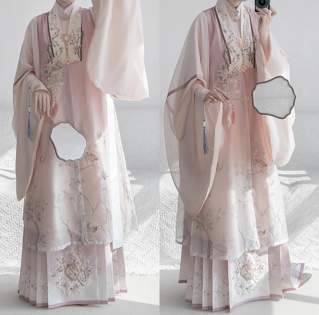 الخريف والشتاء نمط Hanfu دعوى سلالة مينغ Hanfu المطرزة الدائمة الرقبة قميص طويل بيجيا الحصان الوجه تنورة مجموعة يومية