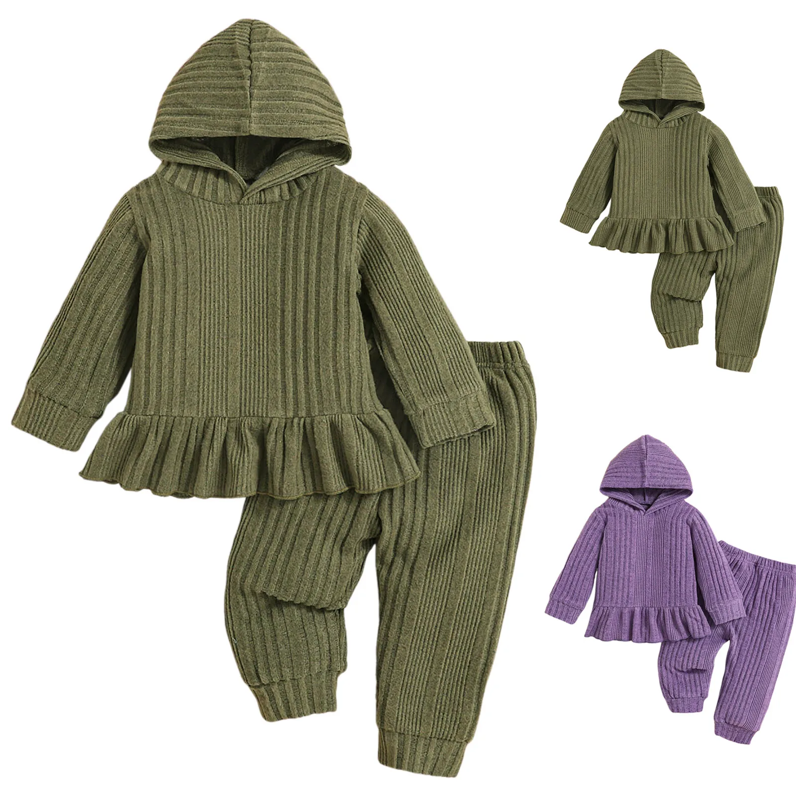 

Girls Casual Sport Outfit Set Spring Autumn Brushed Ribbed Knit Hooded Top Pants Set Comfortable Daily Clothing For Little Girls