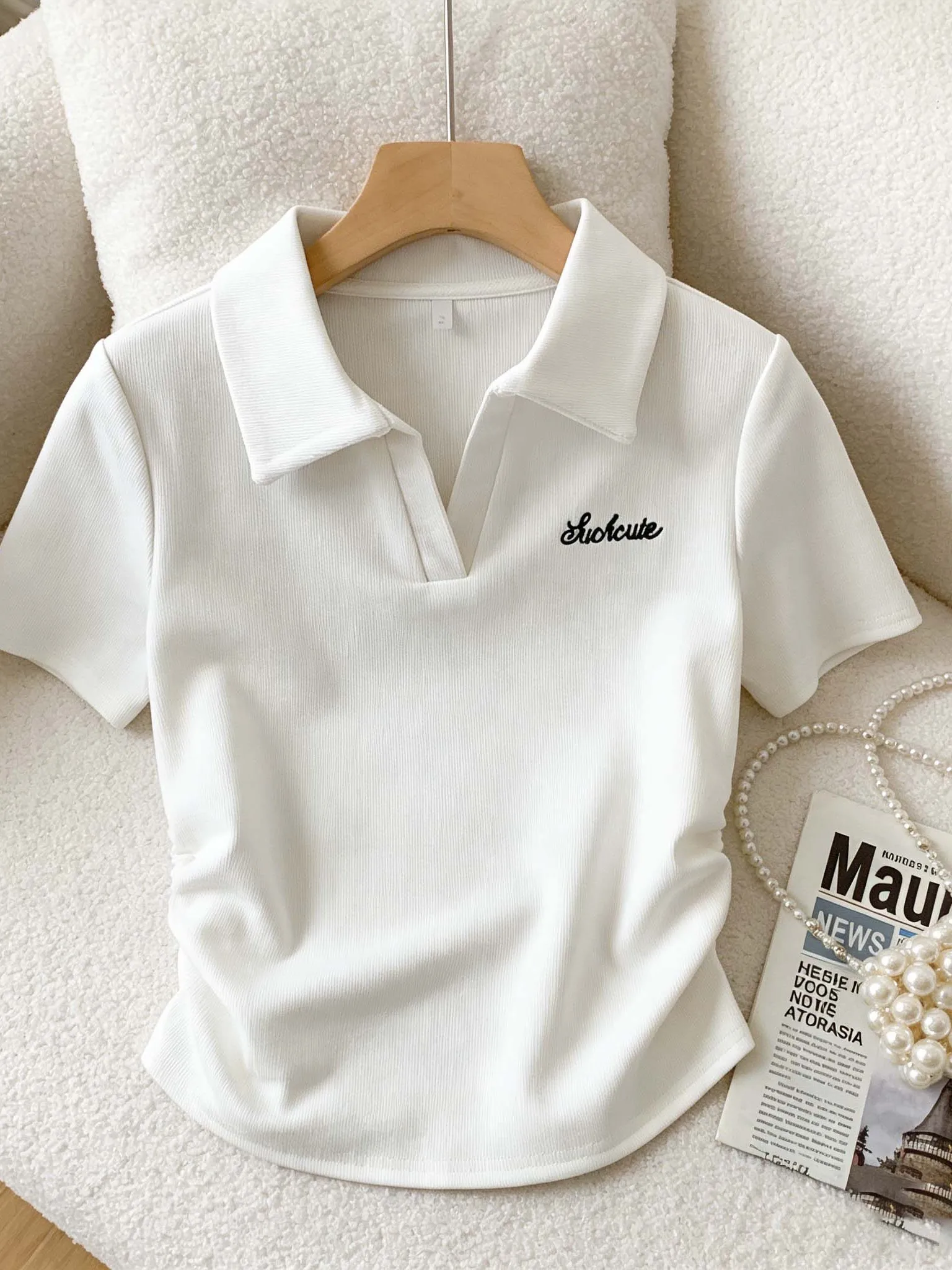 

plus Size Summer T-Shirt Women's Fashion V-Neck Embroidery Waist-Cinching Short Sleeve Korean Style Breathable Casual Top