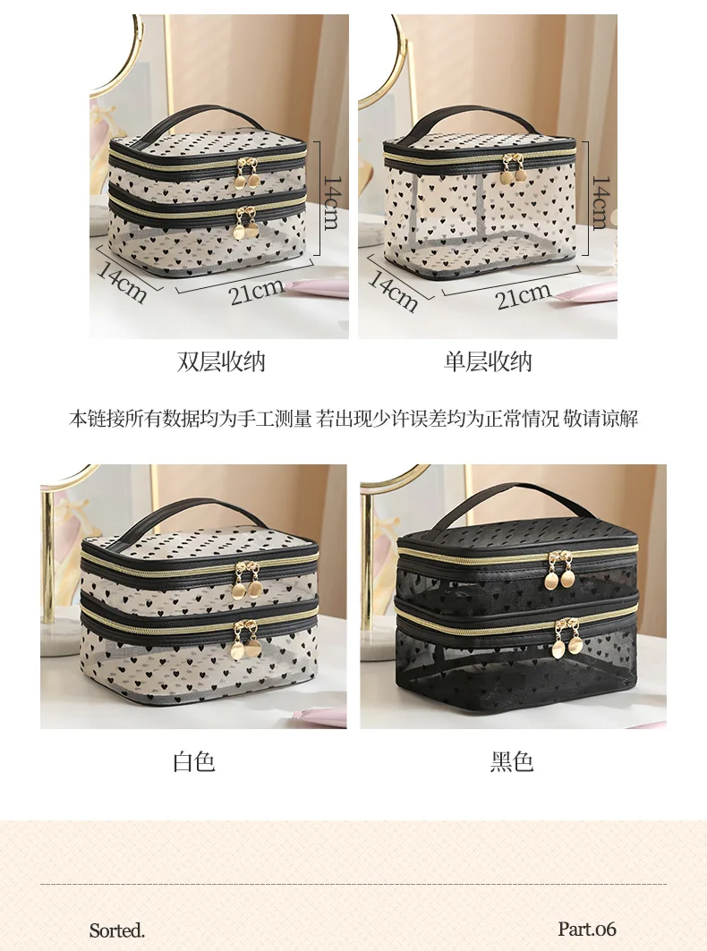 Doppelschichtige schwarze Mesh-Kosmetiktasche für Reisen, tragbar, großes Fassungsvermögen, Make-up-Koffer, Organizer, Aufbewahrungstasche, Kulturbeutel mit Reißverschluss – Detail 11