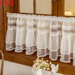 French White Lace Sheer Tulle Short Curtains Living Room Hollow Flowers Embroidery Ruffle Half Curtains for Kitchen #A598