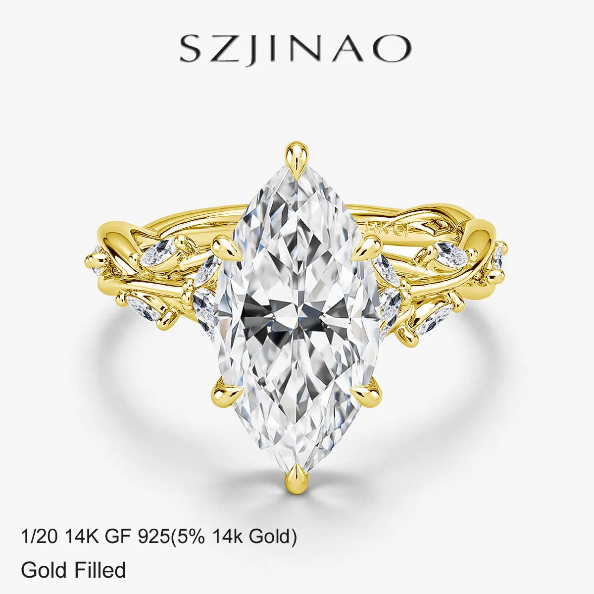 

Real 14K Gold Filled Moissanite Wedding Ring 3CT Marquise Cut GRA Diamond Nature-Inspired Au585 Engagement Ring for Women