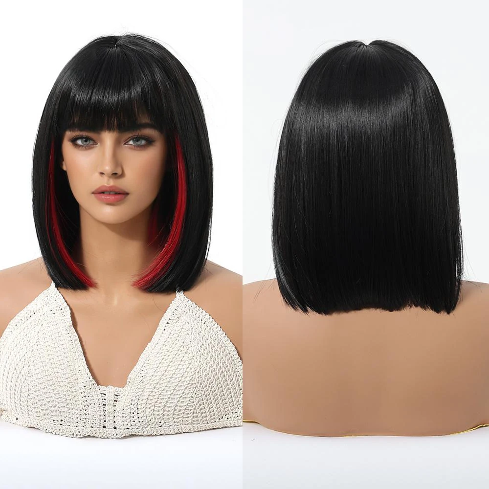 วิกผมบ๊อบสั้นตรงแบบสังเคราะห์คุณภาพสูง ขนาด 10 นิ้ว พร้อมหน้าม้า ทนความร้อนได้ดี เหมาะสำหรับผู้หญิง ใช้ได้ทุกวันและงานปาร์ตี้