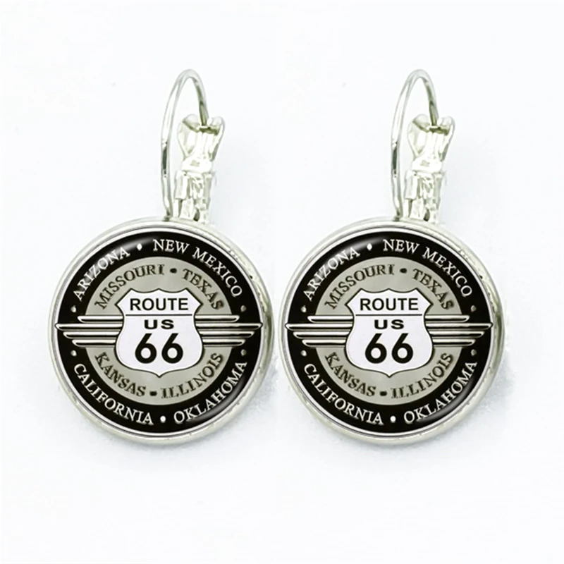 Fashion Motorcycles Pattern French Hook Earrings US Flag Route 66 Design Glass Cabochon Jewelry For Women Girls Gift