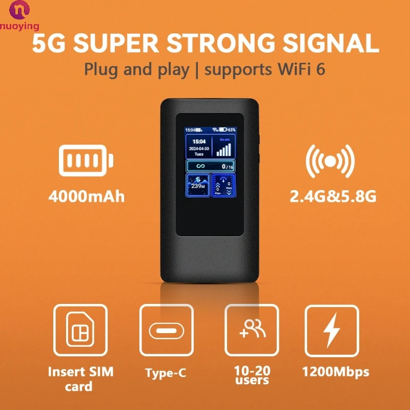 NUOYING M2A 5G WiFi6 MiFi Router, Dual-Band 2,4GHz & 5GHz Kabelloser Hotspot mit Farbbildschirm & SIM-Kartensteckplatz