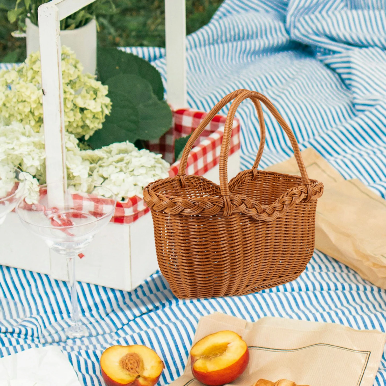 

Straw Storage Baskets Imitation Rattan Picnic Pastoral Style Woven Iron Frame PP Hose Durable Household Basket for Garden Fruits