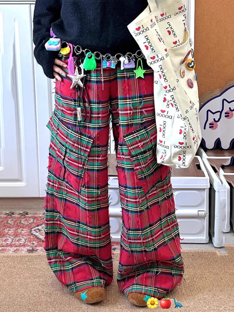 PBAP déchiré Plaid Cargo pantalon femmes bord brut bloc de couleur taille haute droite jambe large Baggy pantalon décontracté noël Vintage Streetwear