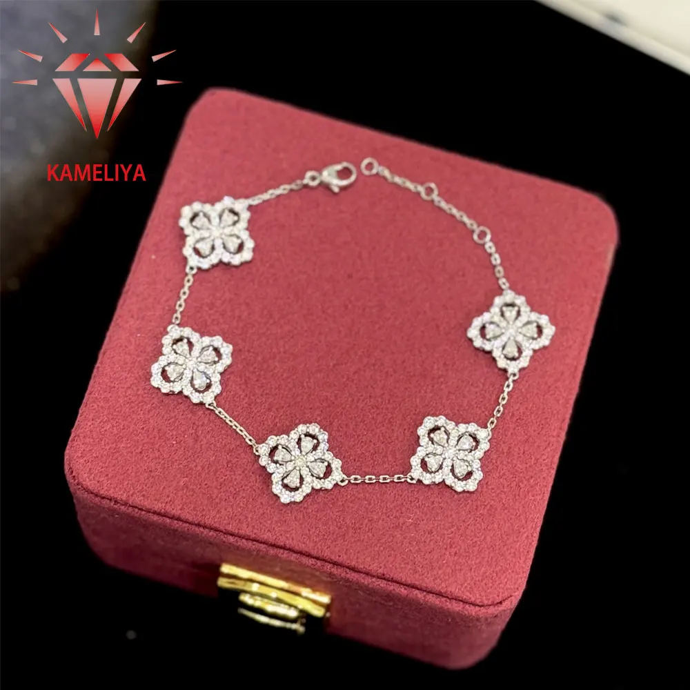 

KAMELIYA Four-leaf Clover Bracelet 925 Sterling Silver 18K Gold Plated Zircon Bangle for Women Christmas Party Fine Jewelry Gift