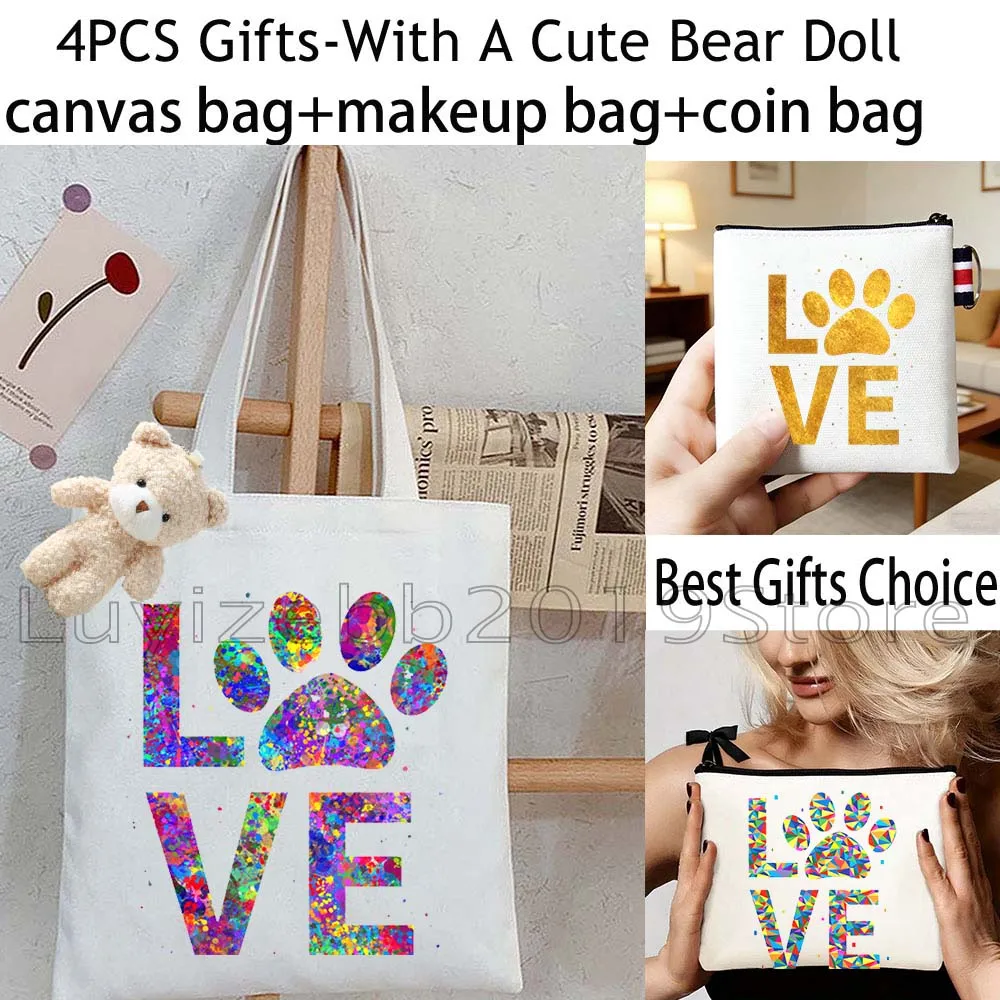 4PCS Gifts White Colorful Dog Love Paw Print Shopper Canvas Totes Bag Handbag,Cosmetic Makeup Bag,Cute Coin Purse Wallet Pouch