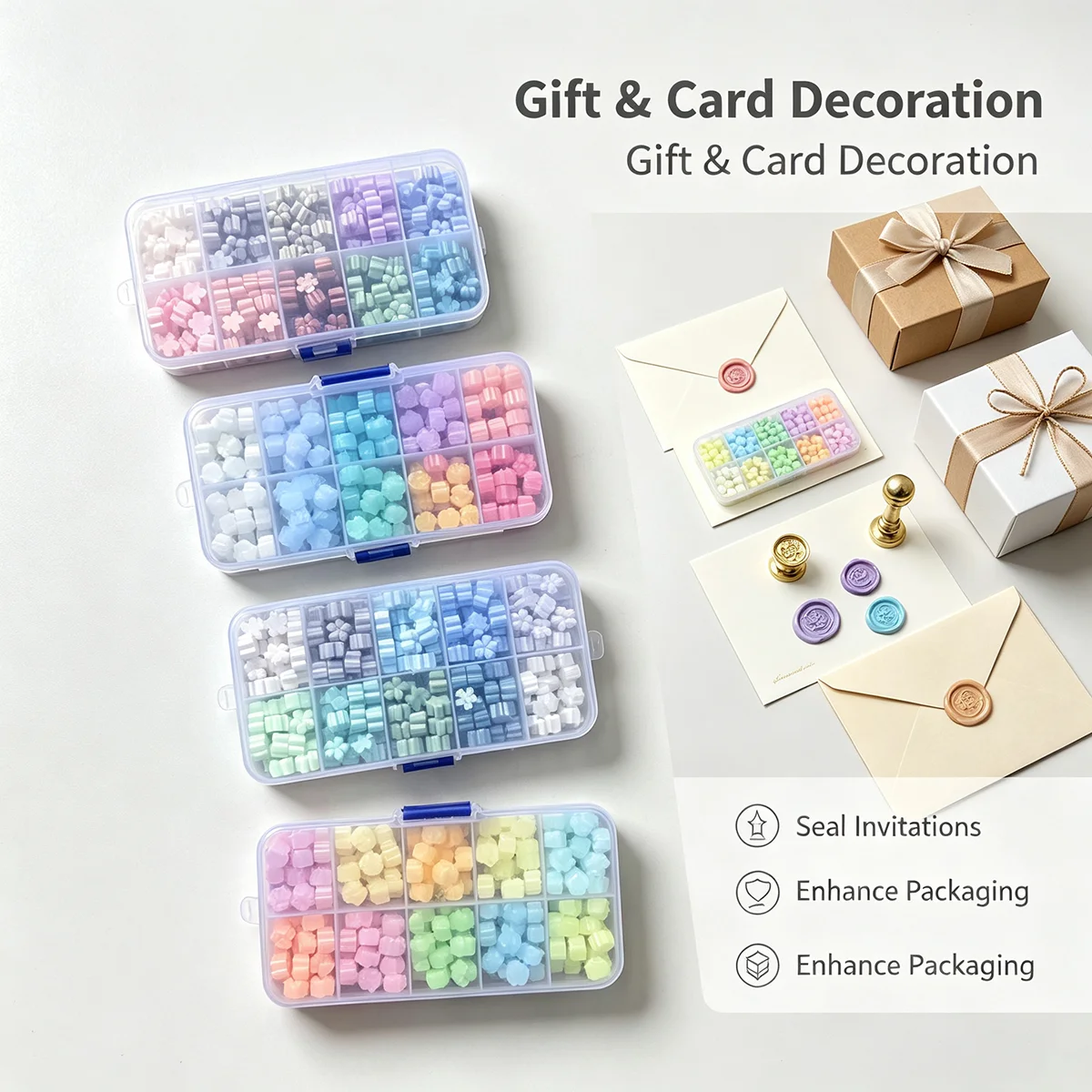 10 Compartment Storage Box Wax Seal Beads, Assorted Mixed Color Flower & Column Shaped Sealing Wax Pellets for DIY Envelope, Inv