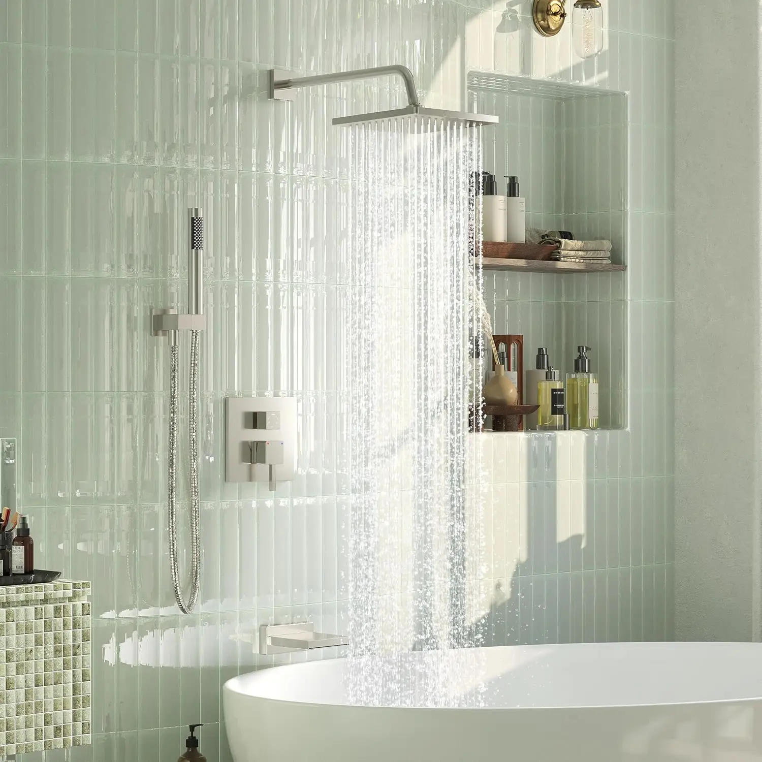 

Wall Mounted High Pressure Shower System Soft Jet Rain Handheld Shower Heads Tub Spout Brushed Nickel Finish Includes Valve Kit