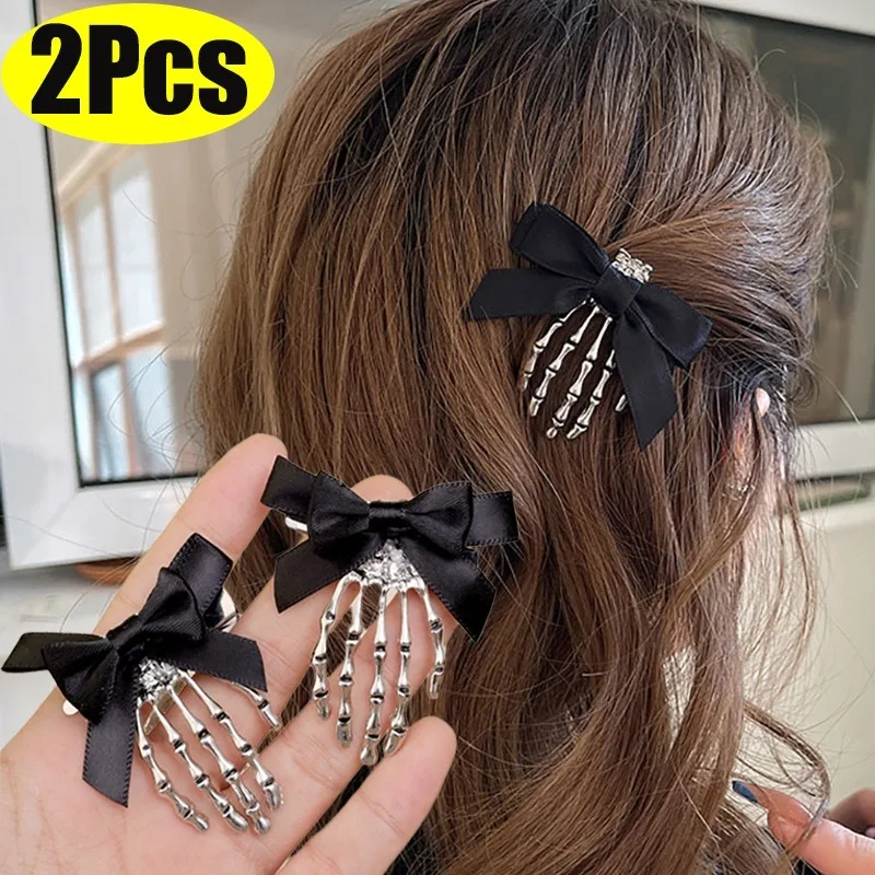 Holloween Gothic Bowknot Hair Clips Hair Pin Punk Skull Hand Girl Hair Accessoires Y2K Sweet Cool Headwear Hairpins for Women