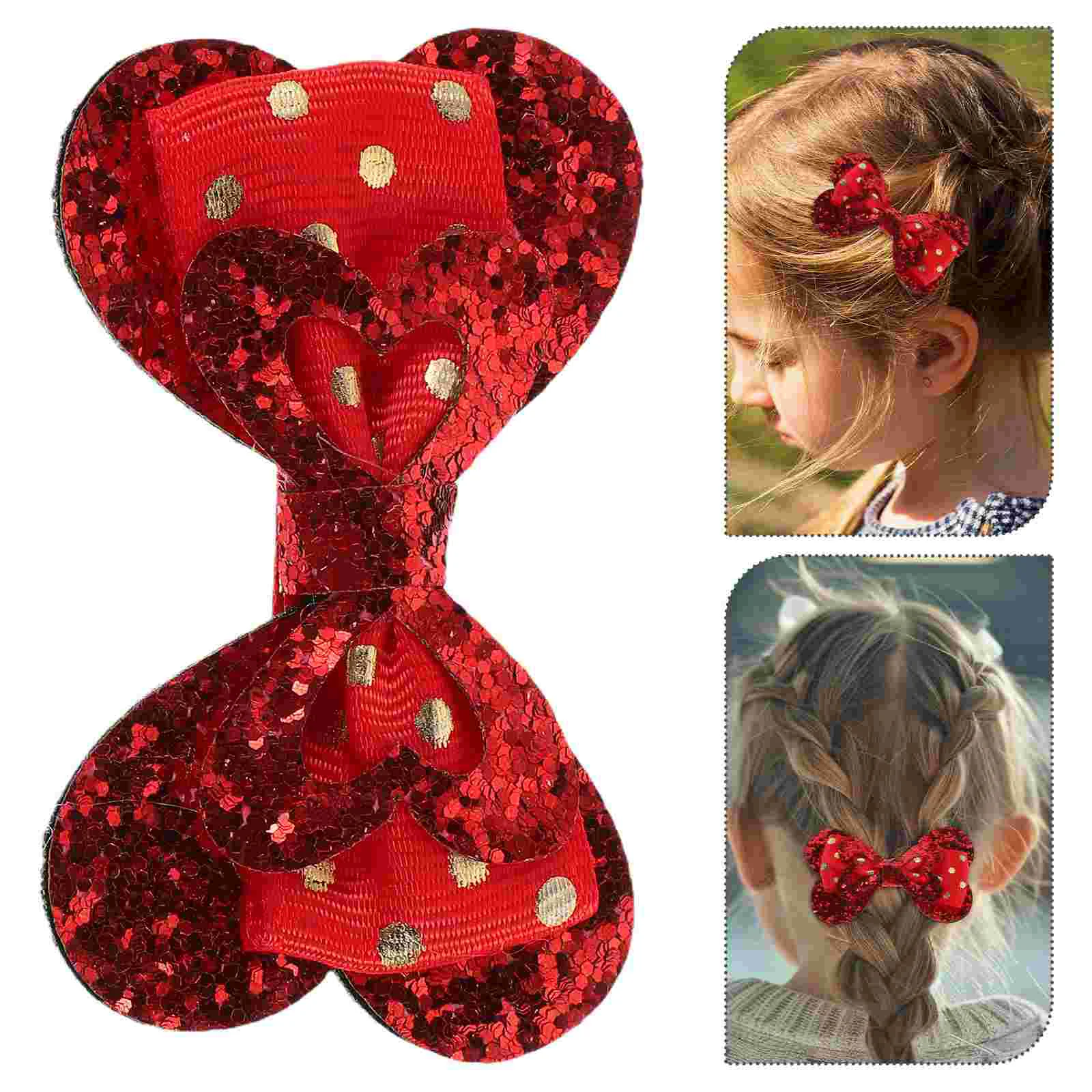 

2 Pcs Love Bow Hairpin Red Clip Barrettes Sequin Clips Girls Accessories Glitter Bows Sequins Valentine's Day Valentines Heart