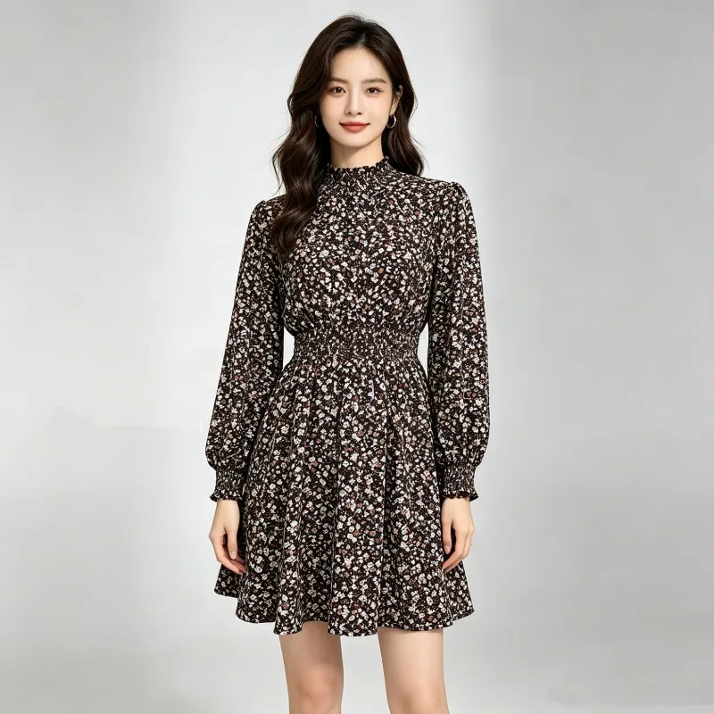 Women Long Sleeve Ditsy Floral Mini Dress Ruffled High Neck Elastic Waist A Line Short Dress Vintage Casual Daily Party Dress - view 2