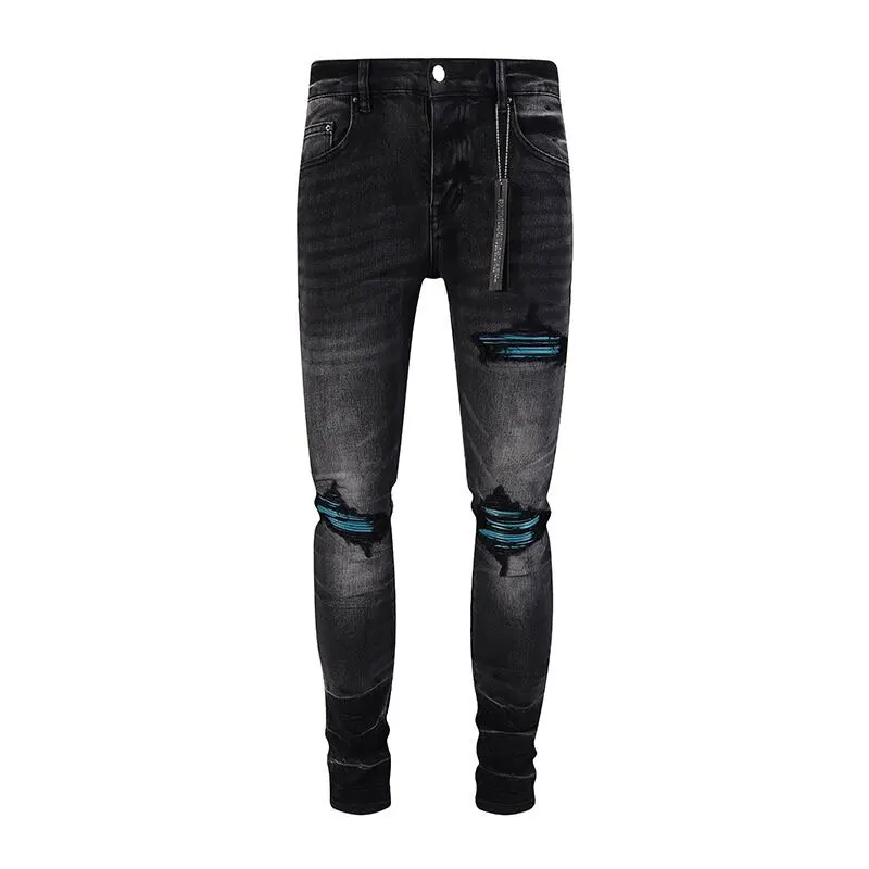 Diseñador High Street Fashion Nuevos pantalones vaqueros negros lavados nostálgicos elásticos Slim Fit Retro perforado verde parche Jeans marca Hip Hop