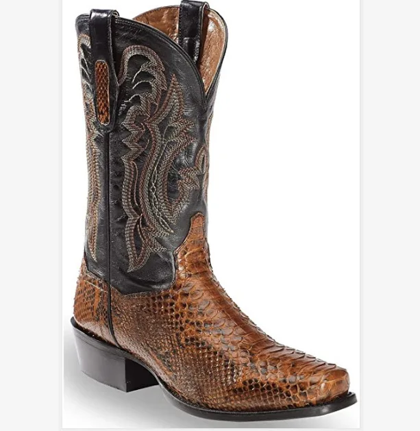 Men's Snake-Print Cowboy Boots Embroidered Black Accents Low Heel Bold Western Style for Autumn/winter Casual Outings Looks