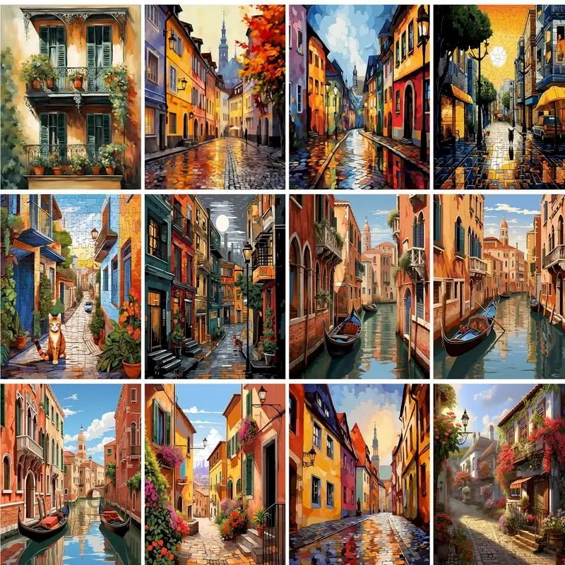 PhotoCustom Modern Painting By Numbers Diy Crafts Coloring By Numbers Town Street Landscape Painting Numbers Wall Decors Gift