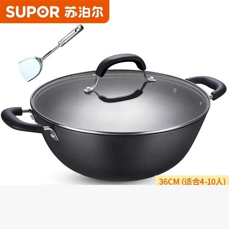 Non Stick Wok 36cm Double Ears Cast Iron Wok Pan No Coating Large Cauldron Cast Iron Pot Cookware Gas Induction Cooker Universal