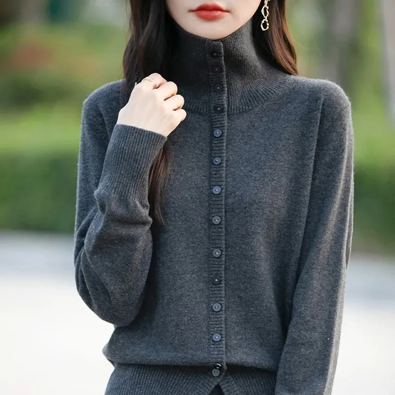 

Grey Stand collar Knitted Sweater Women's Cardigan 2025 Spring Autumn New Single breasted Long sleeved Sweater Coat Casual Top