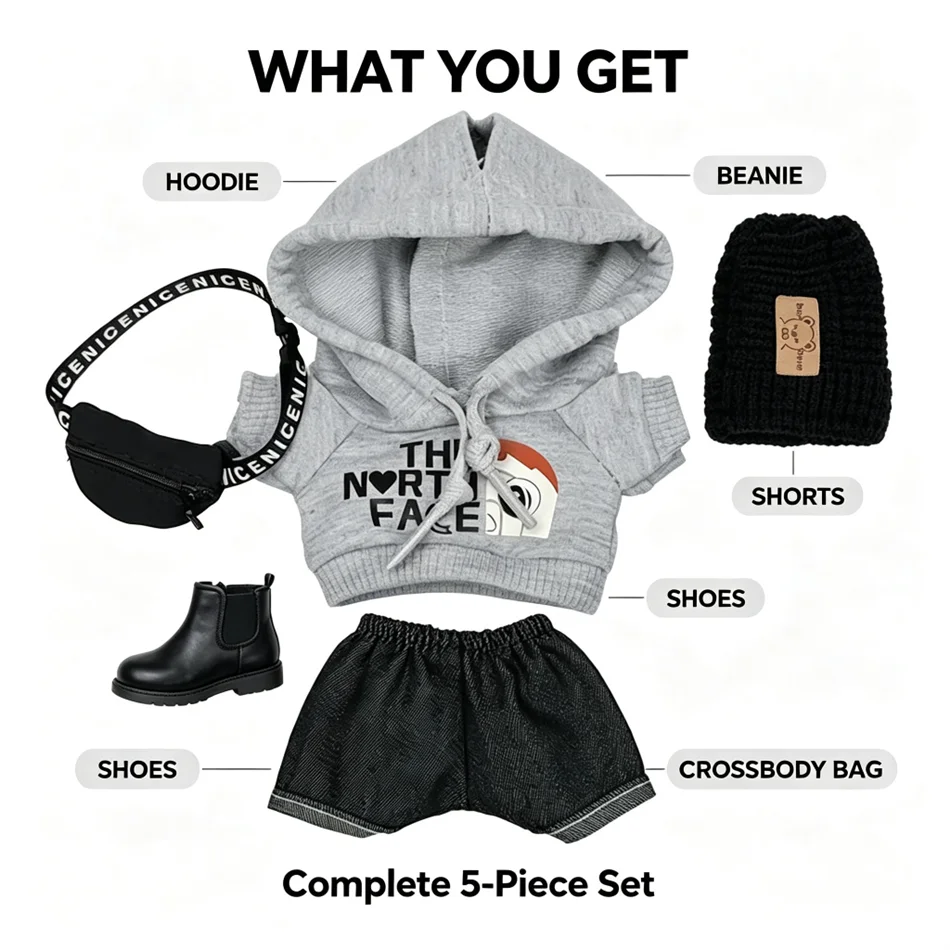 Labubu Doll Clothes 5Pcs Fashion Hoodie Set Cute Outfit Beanie Bag Shoes for 15-17cm Labubu V1 V2 V3 Doll Accessories