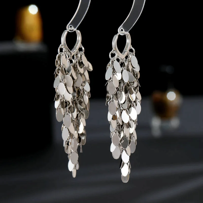 FXLRY Creative Design Exaggerated Long Metallic Sequin Tassel Earrings For Women Wedding Jewelry