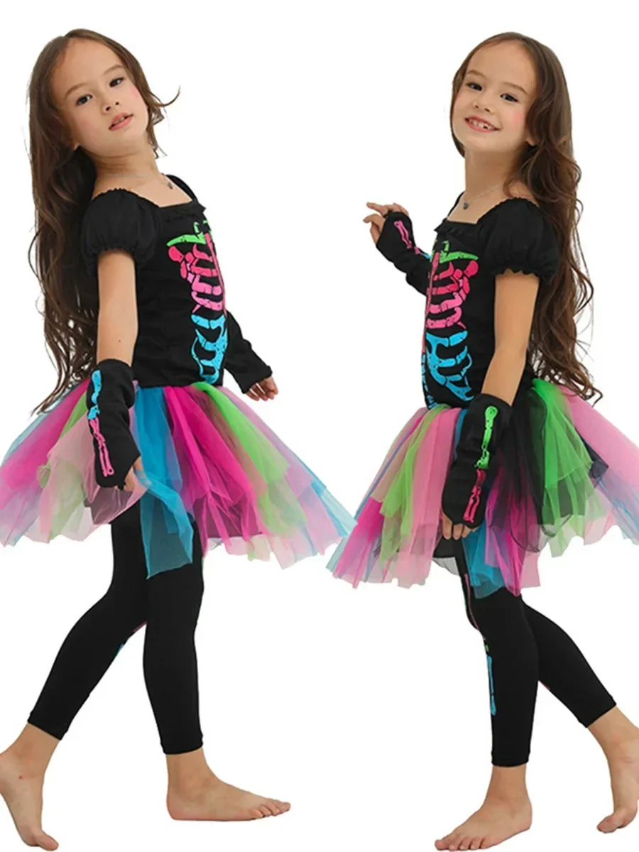2026 Mädchen Skelett-Rose Punk Cosplay Kleid mit Hose Set Knochen-Print Kinder-Outfit für Halloween Bühnenparty Verkleidungskostüm – Detail 5