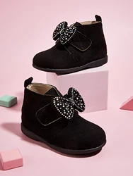 Bottines en coton épais pour enfants, bottes de princesse chics, chaussures à la mode pour filles, nœud plus polaire, marée, automne, hiver, nouveau, 2024