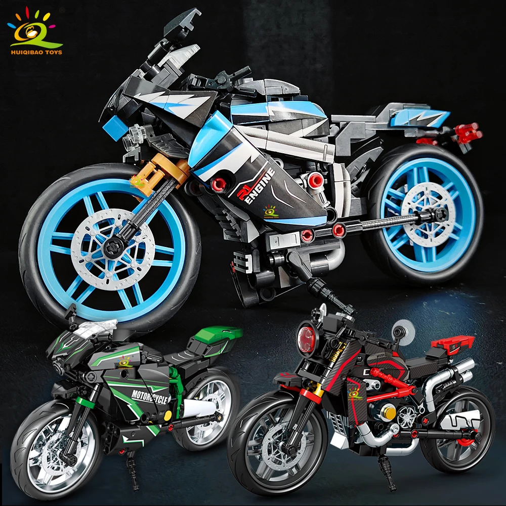 HUIQIBAO MOC Blocos de Montar de Motocicleta, Moto de Corrida Urbana, Brinquedo de Blocos para Crianças, Meninos, Adultos, Conjunto de Carros, Decoração de Casa