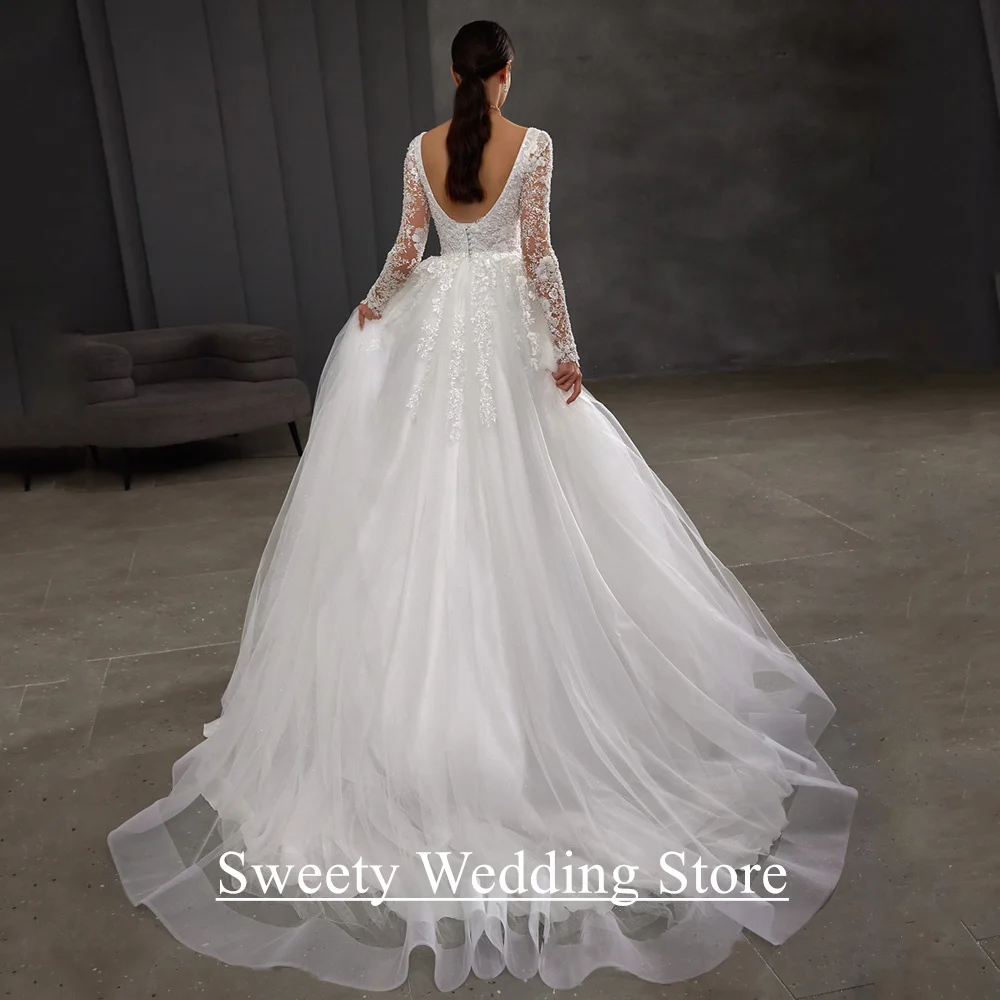 Abito da sposa donna Abiti da sposa Maniche lunghe personalizzate Collo quadrato Perline Applique Glitter Tulle Abito da sposa linea A