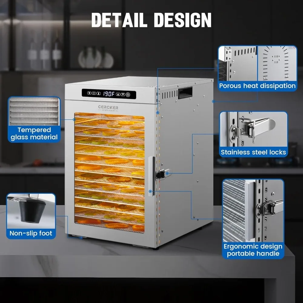Mesin Pengering Makanan 14 Tray, Pengering Buah 1200W, Pengering Daging 11.98ft² untuk Daging Kering, Kontrol Suhu 190ºF, 24 Jam