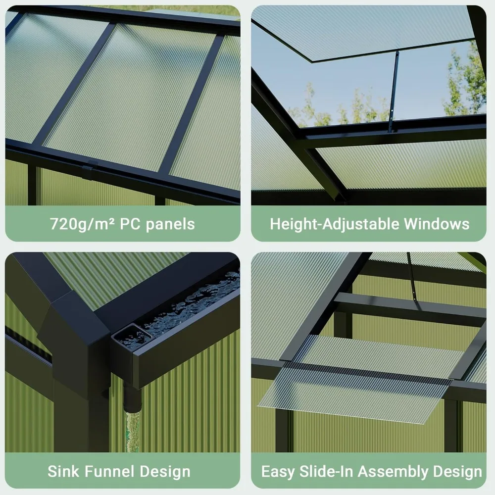 6x8 FT kas, kassen voor buiten, polycarbonaat kas met aluminium frame, afsluitbare deur en verstelbare dak Ven