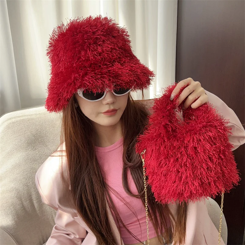 

Winter Women's Hats Fur Faux Fur Buket Hat Japanese And Korean Plush Parent -Child Fisherman Warm Thick Plush Basin Caps Beanies