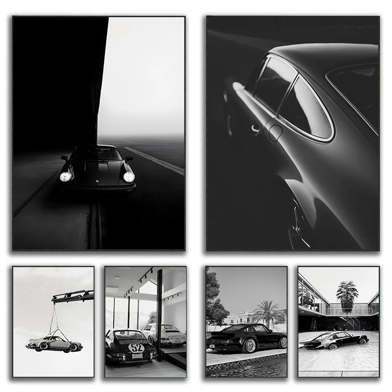 Black White Fashion Luxury Race Car Posters and Prints Canvas Printing Modern Wall Art Picture for Living Room Home Decor Gifts
